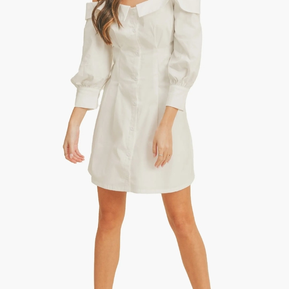 Cold Shoulder Stretch Cotton Poplin Mini Shirtdress Size L